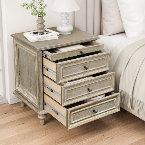 Farmhouse Nightstands with 4 Drawer,Wood Storage End Table with Hidden Pull-Out Shelf, Large Side Table with 4 Solid Wood Feet and Metal Handle,Easy Assembly,Natural