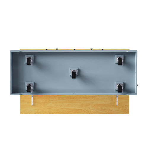 53inch Large Kitchen Island with 2 Bar Stools,Power Outlet,Door Internal Storage Rack,Kitchen Storage Cart on 5 Wheels with Drop Leaf,5 Open Side Racks,3 Drawers,Grey Blue (Three Packages)