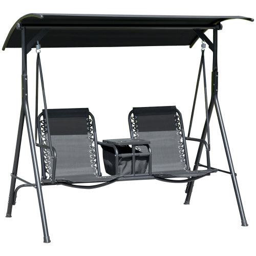 Outsunny 2-Seat Patio Swing Chair, Outdoor Canopy Swing Glider with Pivot Storage Table, Cup Holder, Adjustable Shade, Bungie Seat Suspension and Weather Resistant Steel Frame, Black