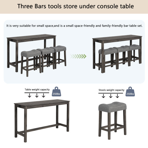 4 Piece Bar Table Set with Power Outlet,Bar Table Set with Chairs,Sofa Bar Table with Stools,Behind Couch Table with 3 Padded Stools,for Living Room,Dining room, Dark Gray