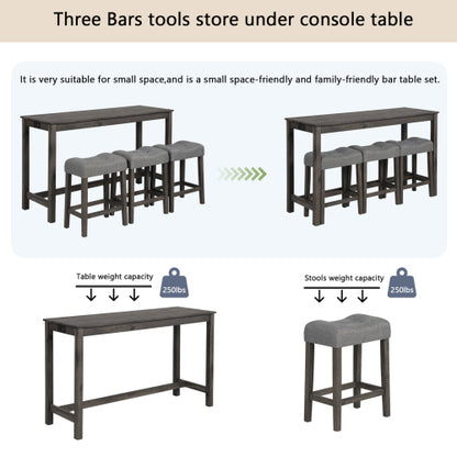 4 Piece Bar Table Set with Power Outlet,Bar Table Set with Chairs,Sofa Bar Table with Stools,Behind Couch Table with 3 Padded Stools,for Living Room,Dining room, Dark Gray