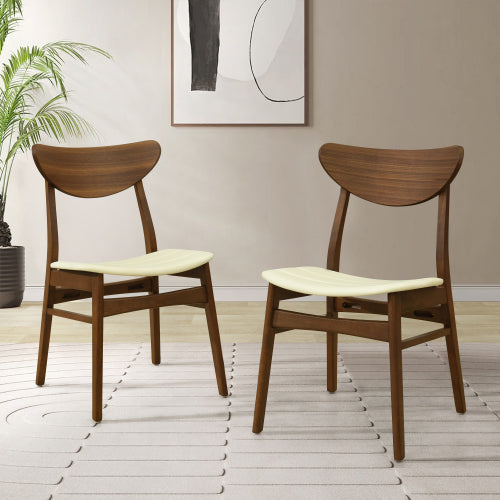 Set of 2 Mid-Century Rubberwood Dining Chairs, Splayed Leg Leather Seating Lightweight Side Chairs