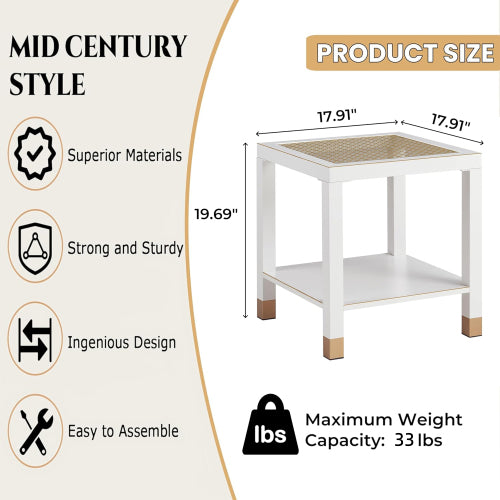 Modern Glass End Table with Metal Frame, 2-Tier Square Side Table for Living Room Bedroom Office, White