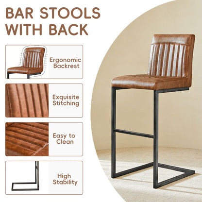 Back Brown Faux Leather Bar Stool ¨C Sturdy Black Metal Frame & Padded Seat, Stylish Seating for Kitchen Island, Home Bar & Dining Counter,2 Sets