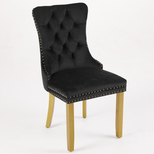 Set of 2 Black Velvet Mid-Century Dining Chairs, Lion Head Pull Ring Golden Solid Wood Legs 280lbs Capacity