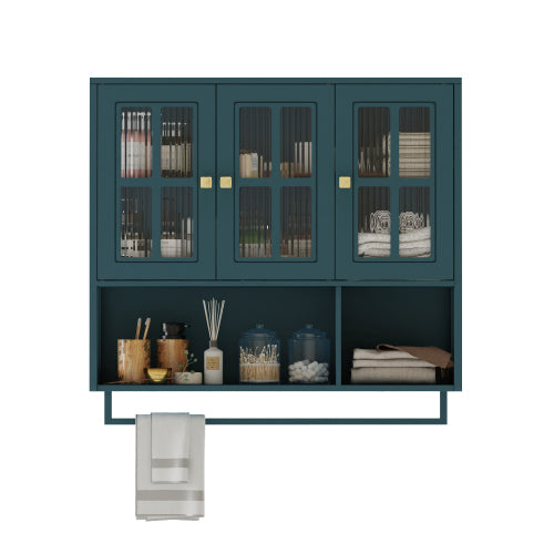 Bathroom Wall Cabinet, 3-Door Wooden Wall Cabinet with Open and Hidden Storage Space, Medicine Cabinet with Glass Door and Towel Bar for Entryway Living Room Bathroom Dining Room,Dark Green