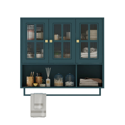 Bathroom Wall Cabinet, 3-Door Wooden Wall Cabinet with Open and Hidden Storage Space, Medicine Cabinet with Glass Door and Towel Bar for Entryway Living Room Bathroom Dining Room,Dark Green