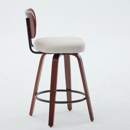 Set of 3, 26-Inch Counter Height Bar Stools - Walnut Black, Cane Rattan Back, Beige Linen Upholstered Seat, Swivel Design for Kitchen Island/Bar/Counter