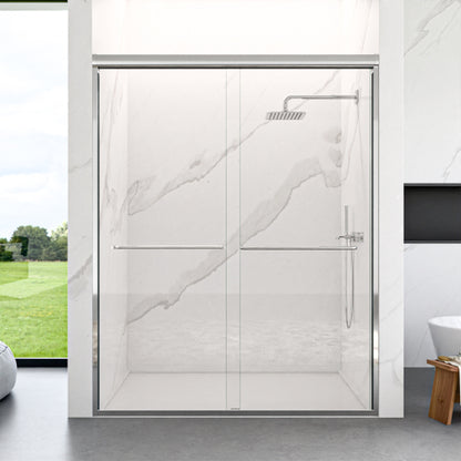 56"-60"W*72" H Semi-Frameless Double Sliding Shower Door, Bypass Shower Door, 1/4" (6mm) Thick SGCC Tempered Glass Door, Chrome