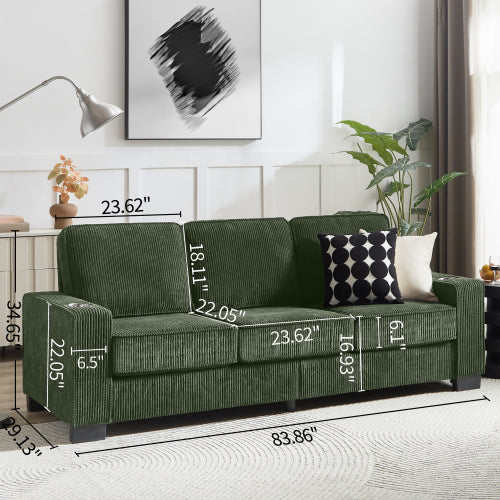 Green 83.86-Inch Modern Compressed 3-Seater Corduroy Sofa with Cup-Holders Removable-Washable Cushions