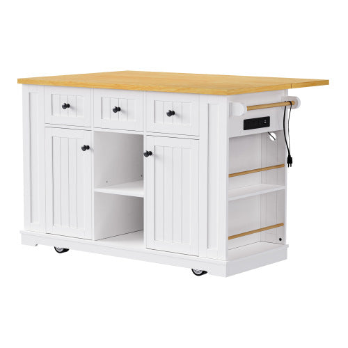 53inch Large Kitchen Island with Drop Leaf, Power Outlet, Door Internal Storage Rack, Rolling Kitchen Cart on 5 Wheels with 5 Open Side Racks for Kitchen, Dining Room,White(Not include bar stools)