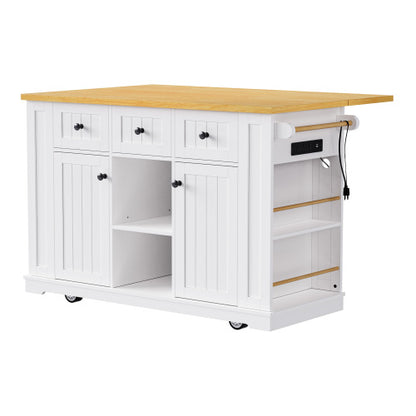 53inch Large Kitchen Island with Drop Leaf, Power Outlet, Door Internal Storage Rack, Rolling Kitchen Cart on 5 Wheels with 5 Open Side Racks for Kitchen, Dining Room,White(Not include bar stools)