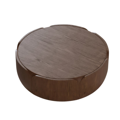 35.63" Round Outdoor Indoor Coffee Table, Modern Wood Grain Drum Center Table, Sturdy MGO (Magnesium Oxide) Waterproof, No-Assembly Table for Patio, Garden, Backyard, Living Room (Brown)