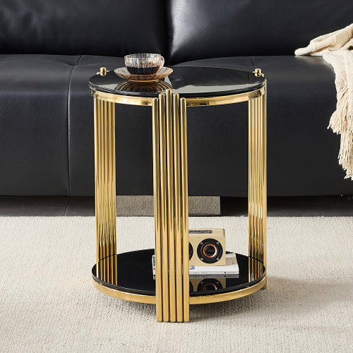 16.9inch  Double-Layer Black Tempered Glass & Gold Steel End Table