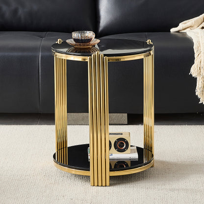 16.9inch  Double-Layer Black Tempered Glass & Gold Steel End Table