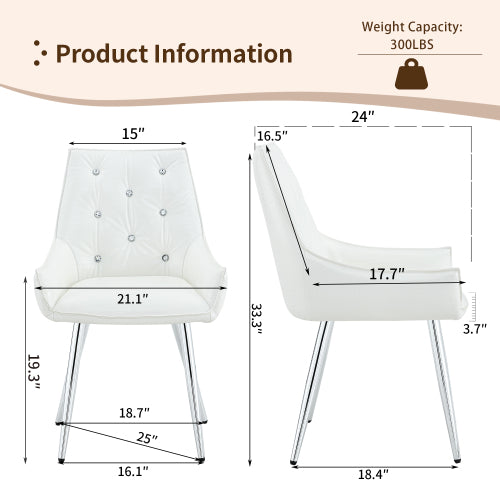 Set of 2 White Crocodile Pattern PU Dining Chairs, Diamond Tuft Chrome Metal Leg 400lbs Luxury Accent Chairs