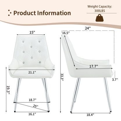 Set of 2 White Crocodile Pattern PU Dining Chairs, Diamond Tuft Chrome Metal Leg 400lbs Luxury Accent Chairs