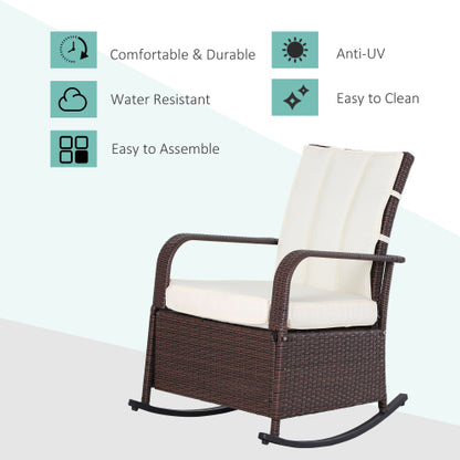 Outsunny Wicker Outdoor Rocking Chair, Patio Recliner with Adjustment Backrest, PE Rattan Lounge Chair with Adjustable Footrest and Cushions for Garden, Backyard, Porch, Beige