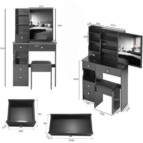 White 29.2 inch  Small Space Left Drawer Desktop Vanity Table + Cushioned Stool, Extra Large Right Sliding Mirror