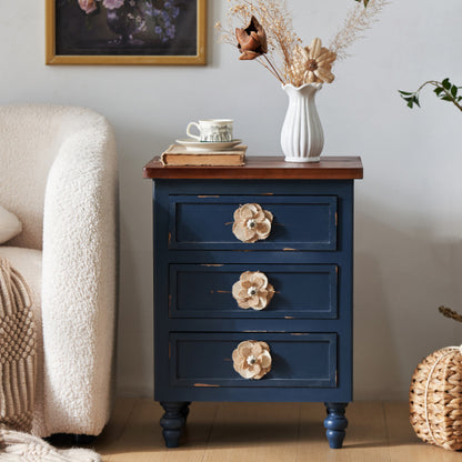 Navy Distressed 3-Drawer Farmhouse Nightstand