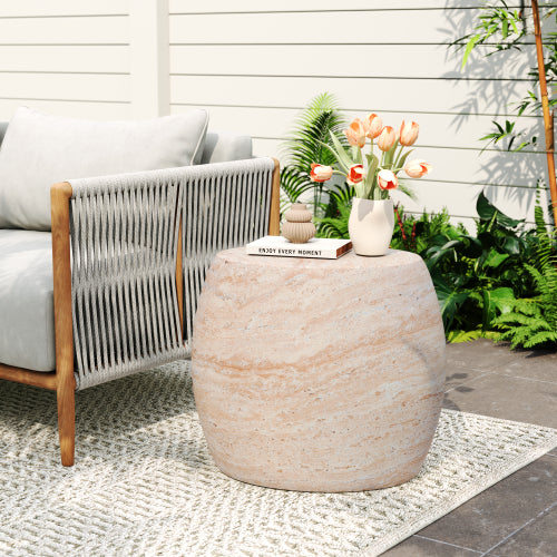 Outdoor/Indoor Lightweight Concrete Side Table,Oval Travertine Finish Accent Table