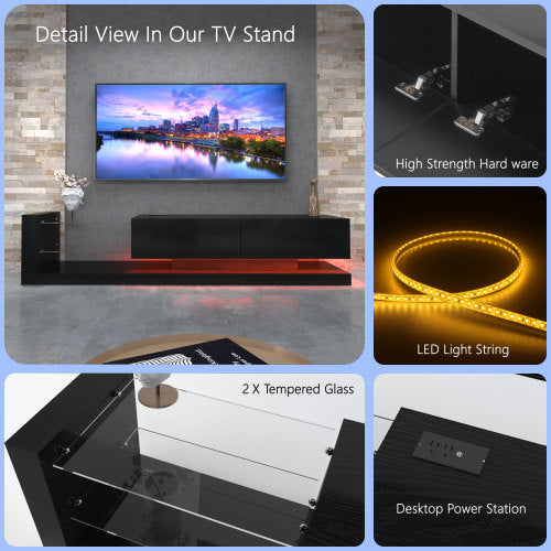 70 Inch Black Modern LED TV Stand Built-In Power Strip Tempered Glass Media Console for 75 Inch TV