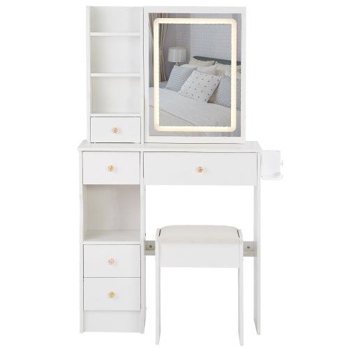 29.2" Small Size Drawer Desktop Vanity Table + Cushioned Stool, 2 AC+2 USB Power Station, Hair dryer bracket, Extra Large Touch Control Sliding LED Mirror, 3-color Switching, EPA, GCC, UL Certificate