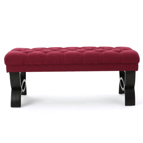 Red Tufted Ottoman Bench with Diamond Stitching and Half Circle Legs