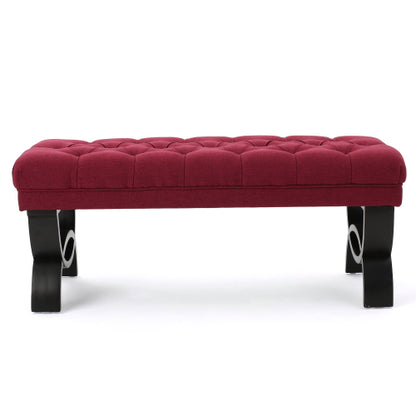 Red Tufted Ottoman Bench with Diamond Stitching and Half Circle Legs
