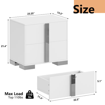 Modern End Table with Drawers, Elegant Nightstand with Metal Foot,Wood Bedside Table with Mirrored Metal Handles,Sofa Side End Table for Bedroom Living Room Office,White