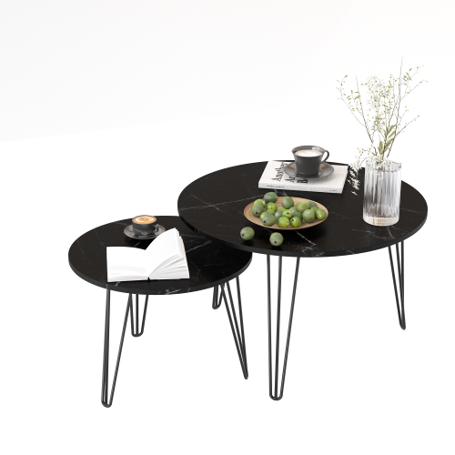 2-Piece Round Nesting Coffee Table, Faux Marble Top & Black Metal Base