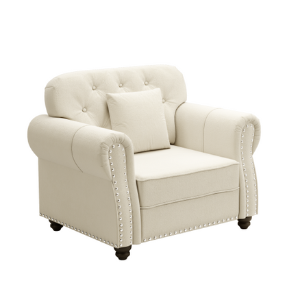 41.3 inch  Beige-White Mid-Century Velvet Sofa,Nailhead Trim,Button Tufting,1 Pillow