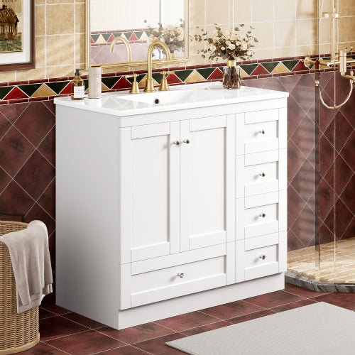 36 inch Shaker Style Free-Standing Bathroom Vanity Cabinet with Ceramic Sink, 4 Soft-close Drawers and 2 Soft-close doors