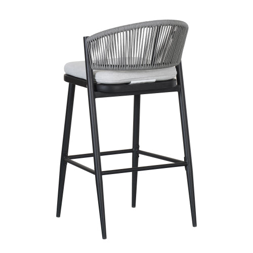 Outdoor 30.25" Seat Height Metal Frame Barstools with PE Rattan Scallop-shaped Backrest, Set of 2, Matte Black