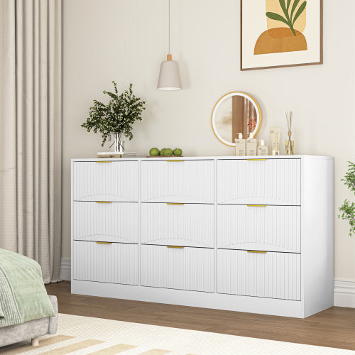 White 9 Drawer Dresser, 63" Large Deep Chest of Drawers, Wooden Dresser Storage Cabinet with 9 Drawers for Bedroom, Long Dressers for Living Room, Hallway, Drawer panel with wavy patterns