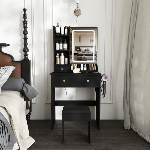 Black Small Vanity Desk w/ LED Mirror, 3 Drawers, Open Shelves, Power Socket, Hair Dryer Holder & Dressing Chair