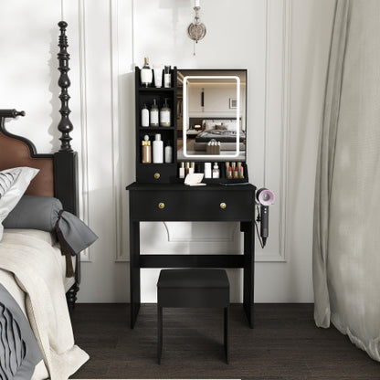 Black Small Vanity Desk w/ LED Mirror, 3 Drawers, Open Shelves, Power Socket, Hair Dryer Holder & Dressing Chair