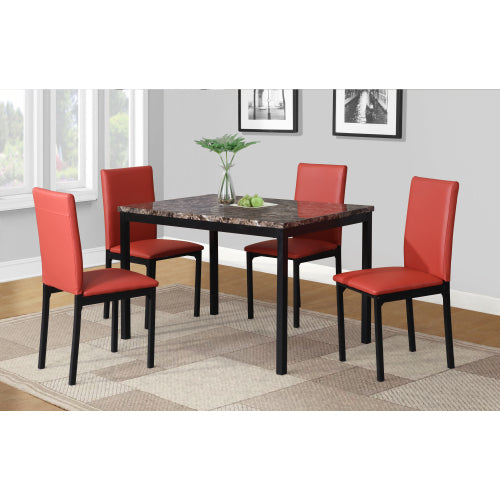 5-Piece Metal Dining Set, Faux Marble Top Table & 4 Red Faux Leather Chairs
