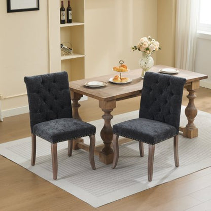 Upholstered Chenille Dining Chair Set of 2, Tufted Accent Chair with Curved Solid Wood Legs, Black