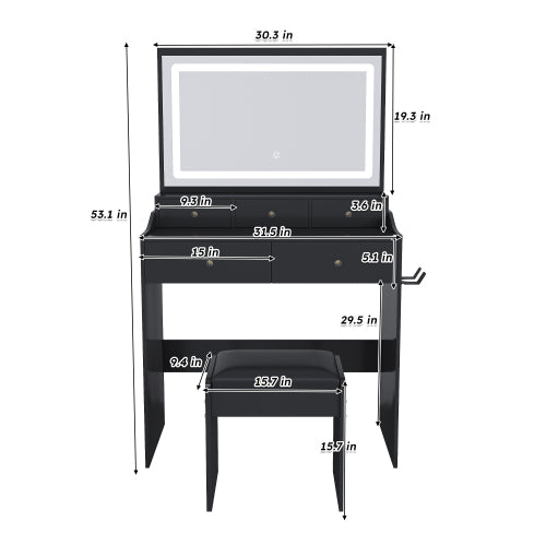 Black Modern Vanity Desk Set, Extra Large 30.3 inch *19.3 inch  LED Mirror, 5 Drawers, Power Outlet & Hair Dryer Holder