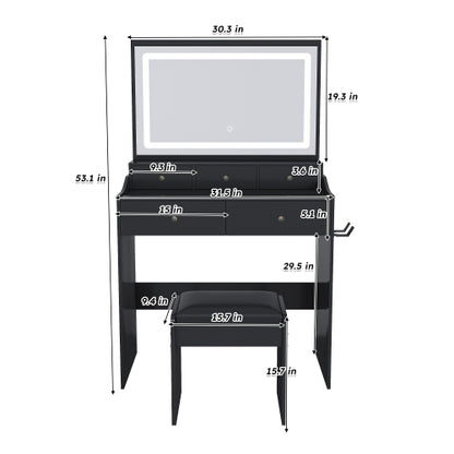Black Modern Vanity Desk Set, Extra Large 30.3 inch *19.3 inch  LED Mirror, 5 Drawers, Power Outlet & Hair Dryer Holder