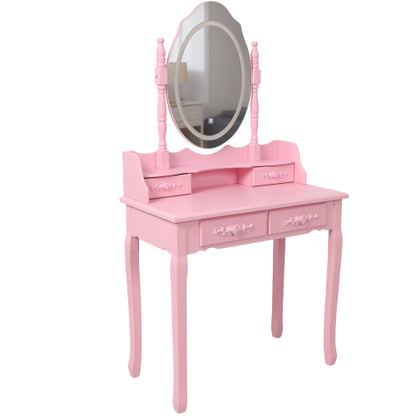 Pink Princess Vanity Desk Set with Mirror & Cushioned Stool,Light Modes,4-Drawer Wooden Makeup Vanity Table for Girls' Bedroom, Dressing Table with Ample Storage