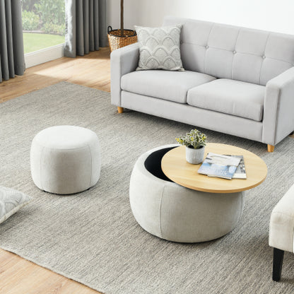 Light Grey Round Pleated Fabric Storage Ottoman with Built-In Stool, 25 inch x25 inch x14.7 inch, 250 LBS Weight Capacity