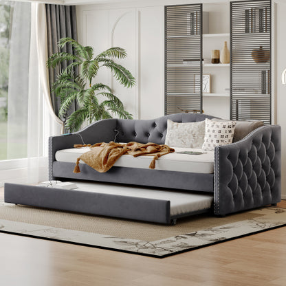 Twin Size Upholstered Daybed with Trundle and USB Charging Design, Sturdy Wood Slat Support, Wood Bed Frame for Bedroom/Guestroom/Dorm,Plush Velvet Fabric,Gray
