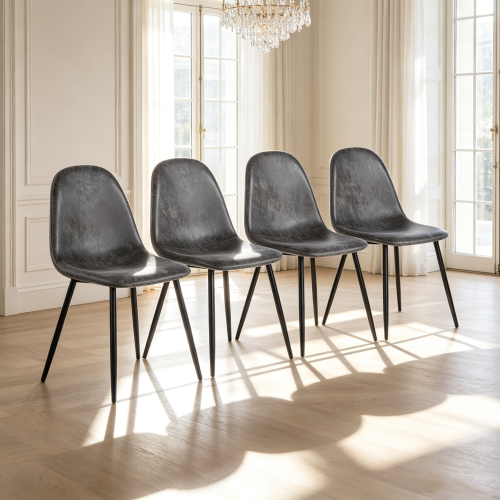 Set of 4 Grey Glove Suede Spoon Shape Dining Chairs, Upholstered Accent Chairs, Black Metal Legs, 300lbs Weight Capacity