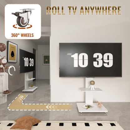 White Mobile TV Cart with Lockable Wheels, Height Adjustable Floor TV Stand for 32-75 Inch TV