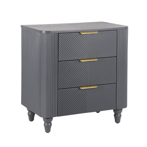 Mid-Century Fluted 3 Drawers Nightstand, Bedside Table with Curved Profile Design and Wide Gold Glossy Handles, End Table for Living Room, Bedroom, Easy Assembly, Dark Gray