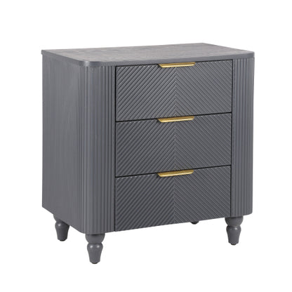 Mid-Century Fluted 3 Drawers Nightstand, Bedside Table with Curved Profile Design and Wide Gold Glossy Handles, End Table for Living Room, Bedroom, Easy Assembly, Dark Gray