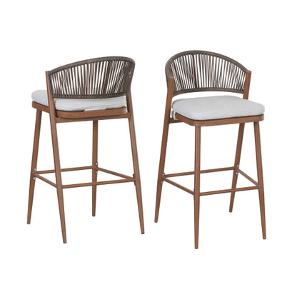 Outdoor 30.25" Seat Height Aluminum Frame Barstools with PE Rattan Scallop-shaped Backrest, Set of 2, Teak Finish
