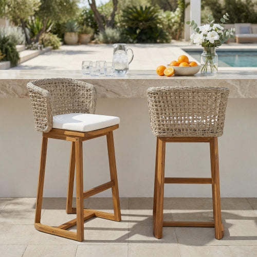 Outdoor Acacia Wood Bar Stools (Set of 2), Teak Finish Bar Height Chairs with Beige Cushion & Light Brown Wicker Back, Counter Height Stools for Patio, Poolside, Kitchen Island